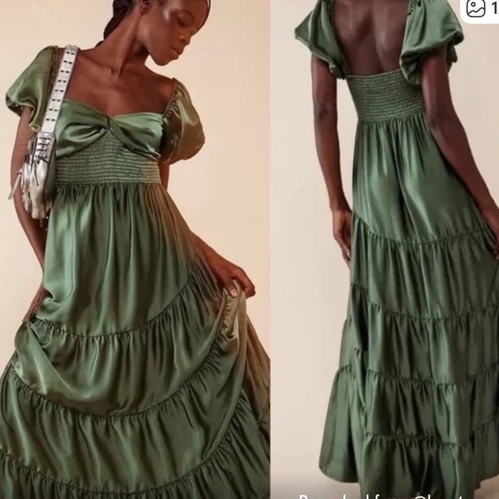 Free People sundrenched green Smocked Puff-Sleeve Maxi Long tiered Dress New - Picture 2 of 5